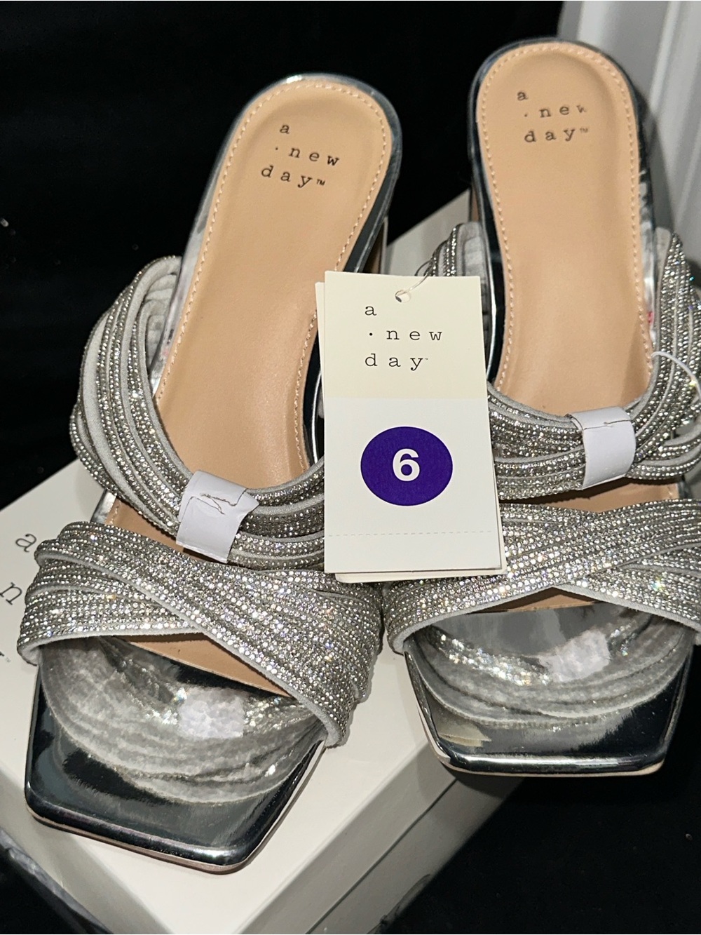 a new day Silver Glitter Crisscross Slide Heels